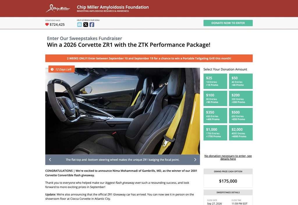 Interior of the 2026 Corvette ZR1 with flat-top steering wheel - Chip Miller Amyloidosis Foundation sweepstakes prize