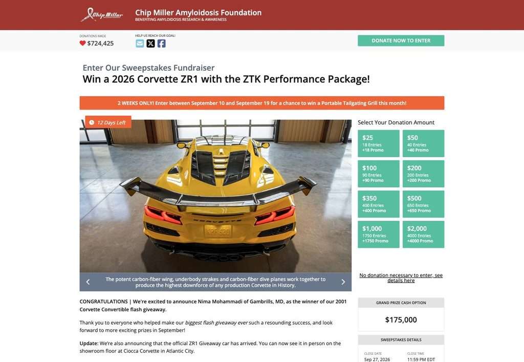 Rear view of the 2026 Corvette ZR1 showing carbon-fiber wing and aero package - Chip Miller Amyloidosis Foundation sweepstakes prize