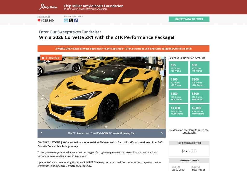 2026 Corvette ZR1 giveaway car on the showroom floor at Ciocca Corvette