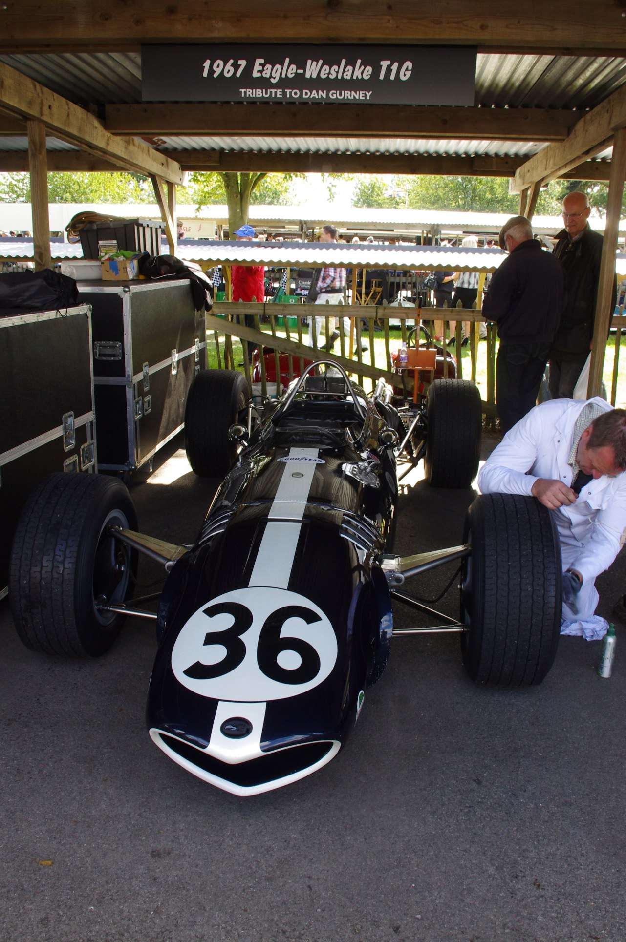 A Weslake V-12 Eagle being prepared in the paddock at the 2012 Goodwood Revival
