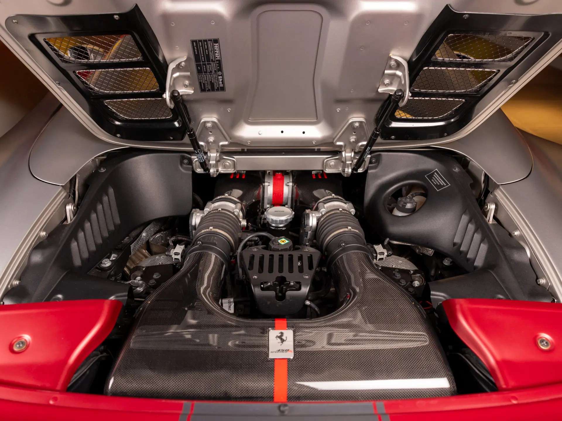 The 4.5-liter naturally aspirated V-8 in the engine bay of the auction 458 Speciale A
