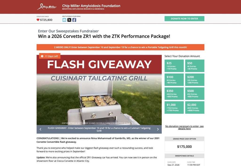 Flash giveaway alert for a Cuisinart tailgating grill on the Chip Miller Amyloidosis Foundation sweepstakes page