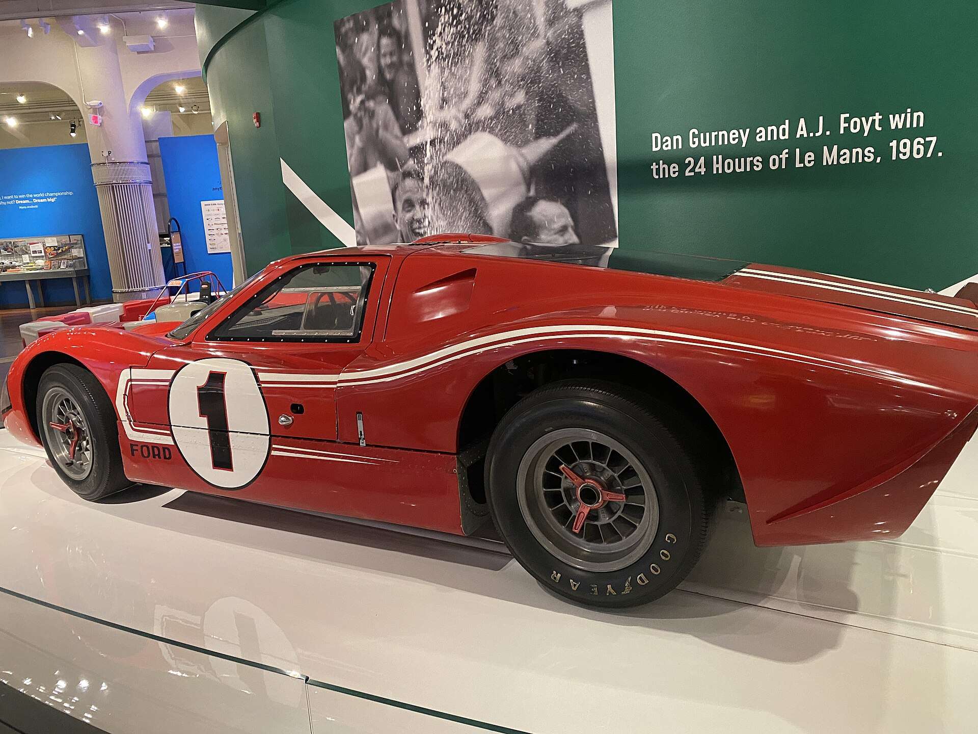 The Ford GT40 Mk IV that Dan Gurney and A.J. Foyt drove to victory at Le Mans in 1967, displayed at The Henry Ford