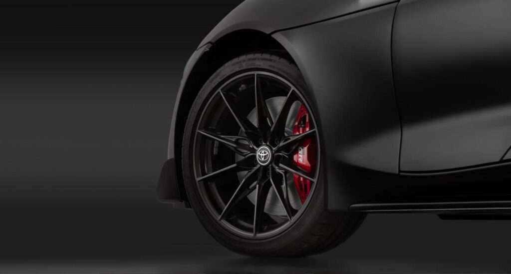 Front wheel of the GR Supra MkV Final Edition, showing the larger Brembo brakes and forged wheel