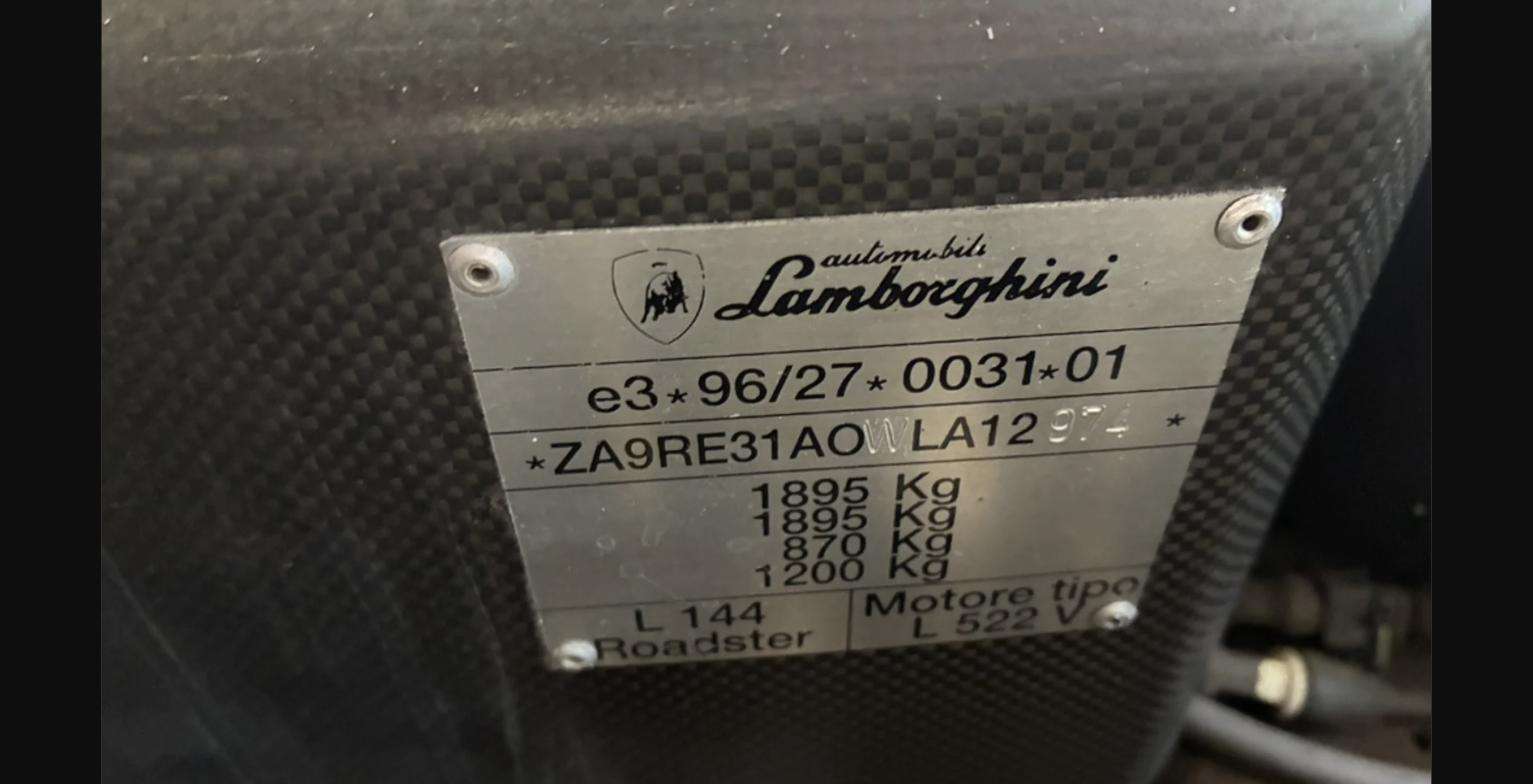 Lamborghini factory identification plate showing chassis number ZA9RE31A0WLA12974, type L 144 Roadster and engine type L 522 V