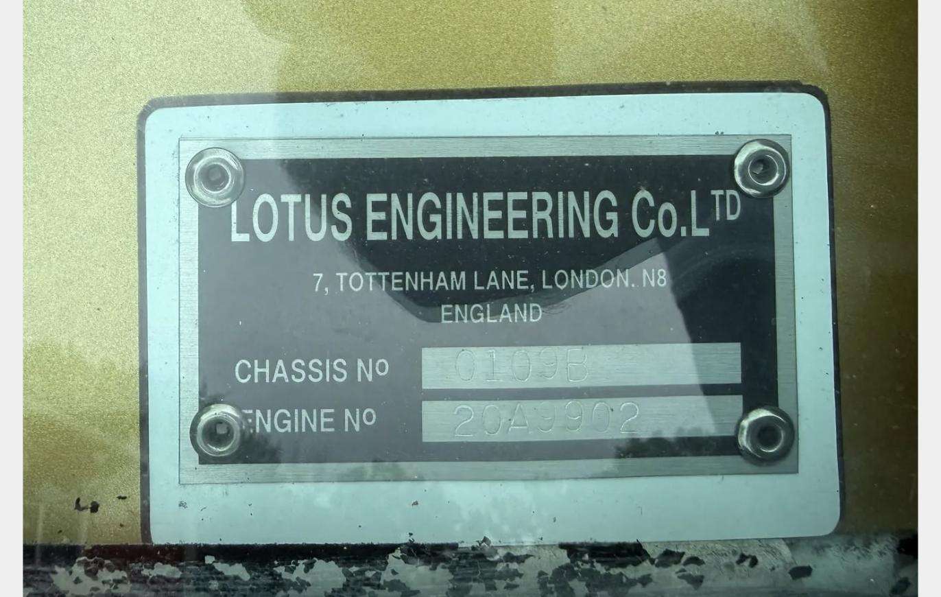 Lotus Engineering data plate riveted to the tube-chassis tub, listing chassis No. 0109B and engine No. 20A9902