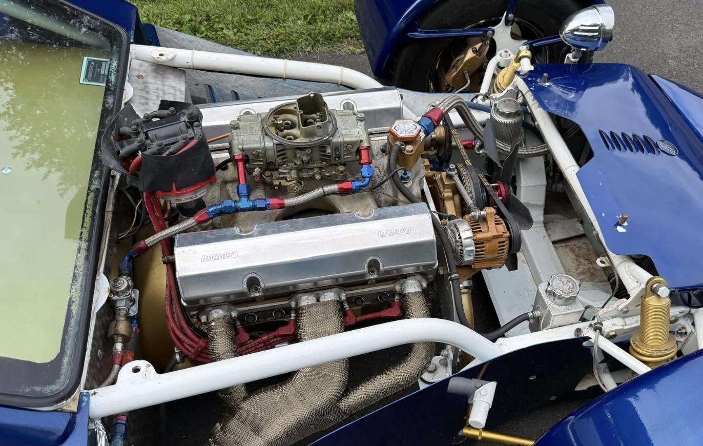 The blueprinted 409ci Chevrolet V8 with Moroso valve covers and long-tube headers
