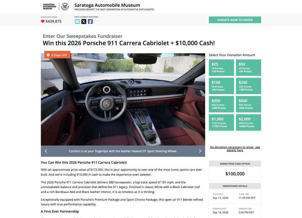 Interior view of the 2026 Porsche 911 Carrera Cabriolet sweepstakes prize with Bordeaux Red leather seats
