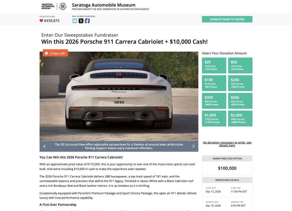 Saratoga Automobile Museum sweepstakes page showing the 2026 Porsche 911 Carrera Cabriolet grand prize