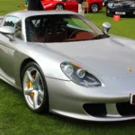Silver Porsche Carrera GT parked on grass at a car show