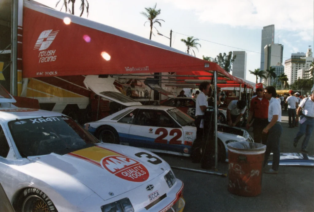 Roush Racing Ford Mustang IMSA race car in the paddock