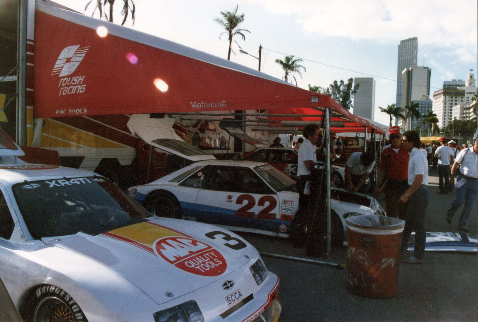 Roush Racing number 22 Ford Mustang IMSA GTO race car being prepared at the 1987 Miami Grand Prix