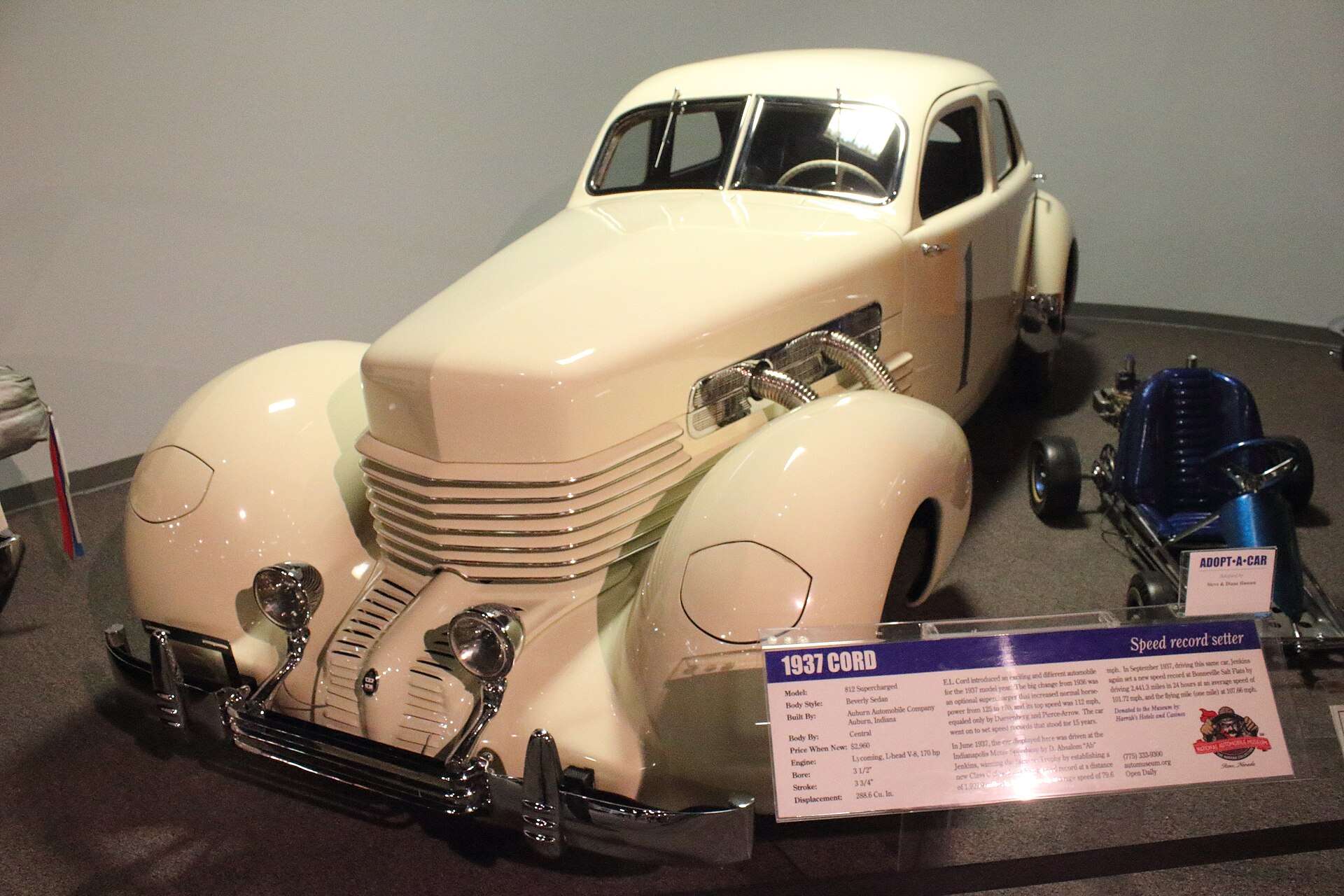 White 1937 Cord 812 Supercharged sedan displayed at the National Automobile Museum in Reno, Nevada