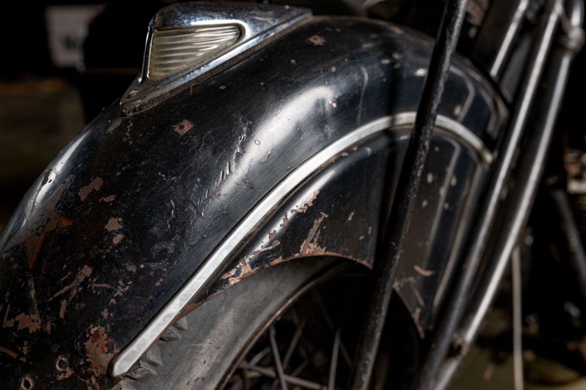 Original worn fender and trim on the 1941 Indian Four