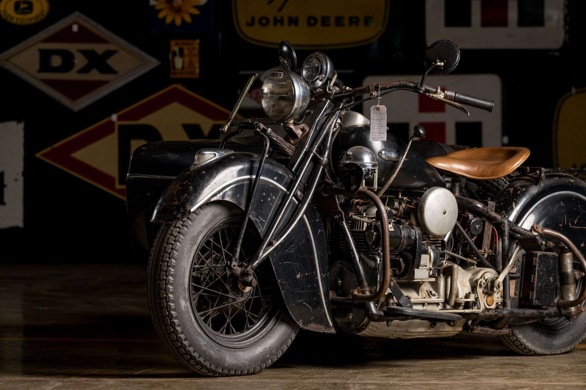 Front three-quarter view of the 1941 Indian Four sidecar rig