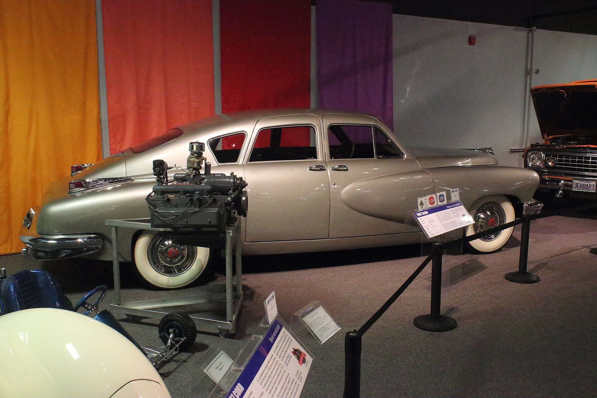 Silver 1948 Tucker 48 Torpedo, number 32 of 51 built, seen from the side at the National Automobile Museum in Reno