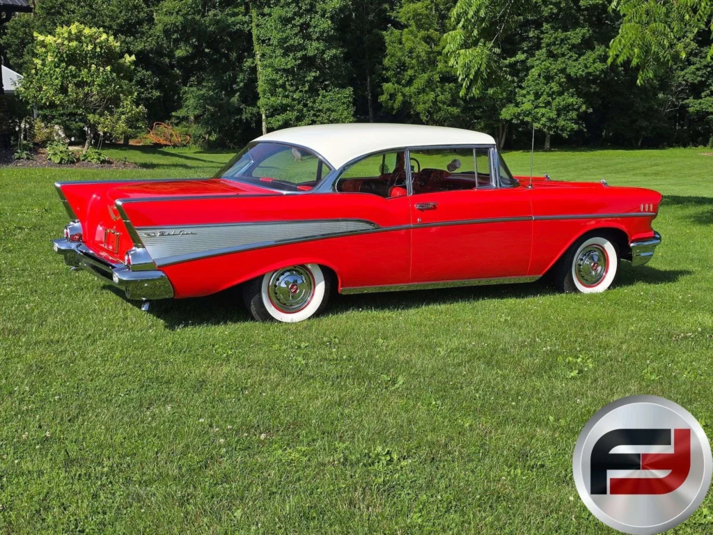 Rear three-quarter view of the 1957 Chevrolet Bel Air showing its tailfins and side trim
