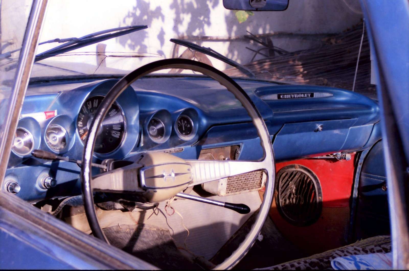 Interior of a 1959 Chevrolet El Camino showing the steering wheel and instrument panel