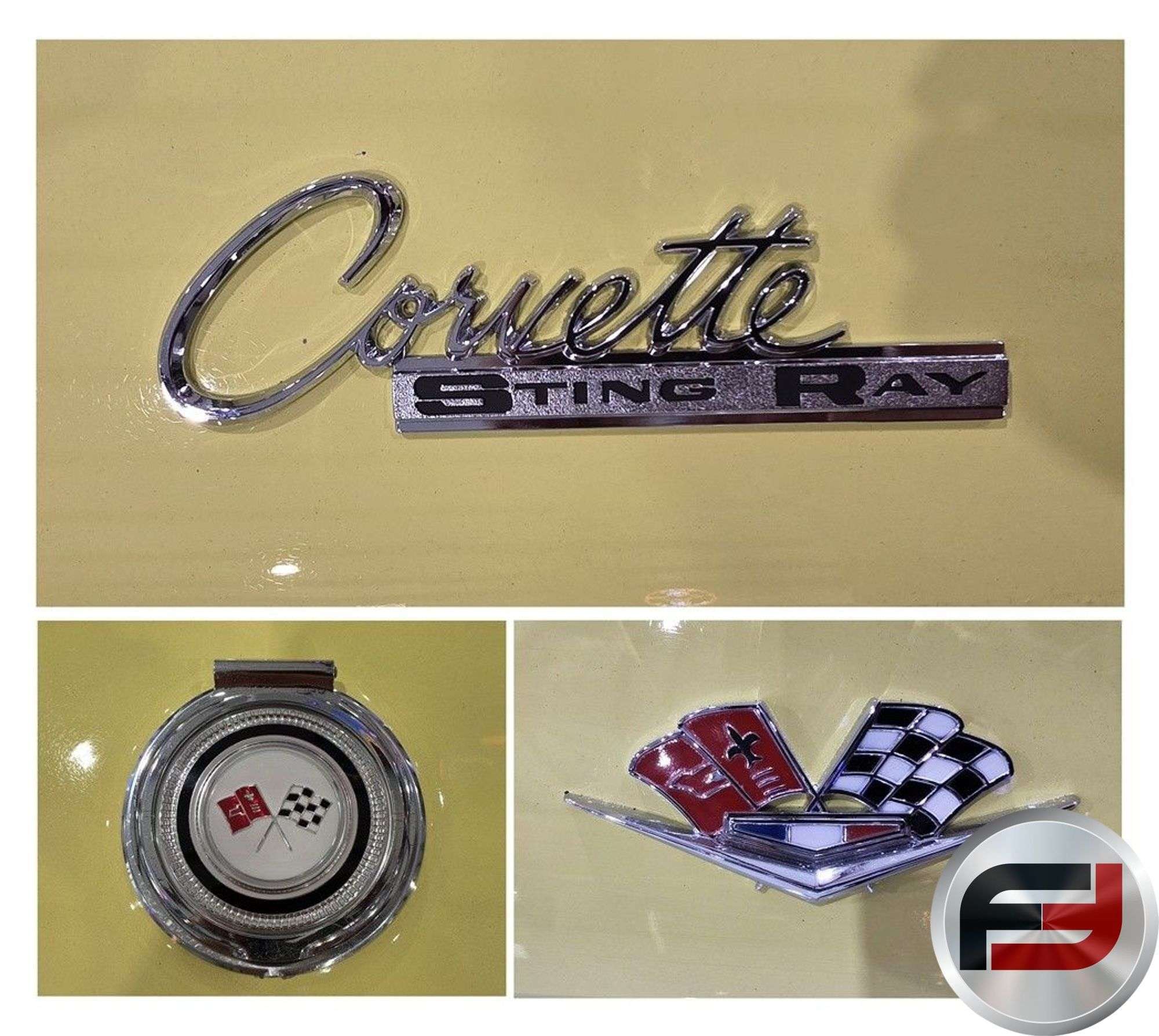 Corvette Sting Ray script, gas cap and crossed-flags emblem on the 1965 Corvette
