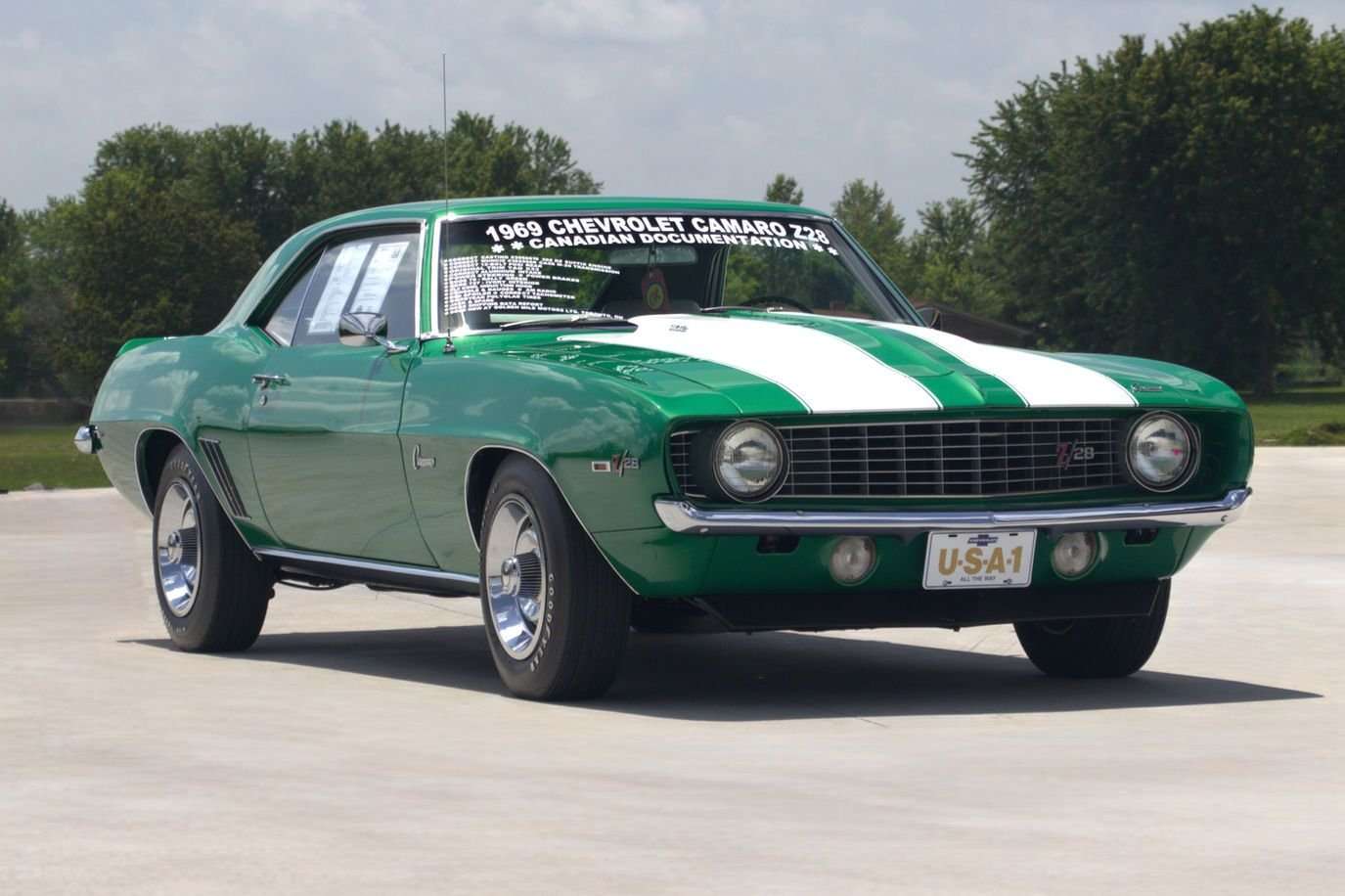 Front driver-side view of the Rally Green 1969 Camaro Z/28