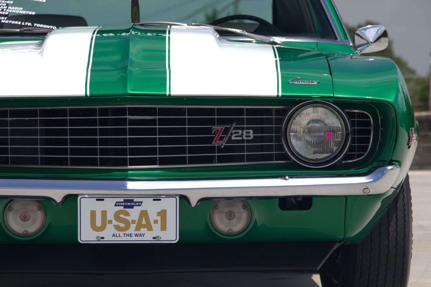 Close-up of the 1969 Camaro Z/28 grille and Z/28 badge