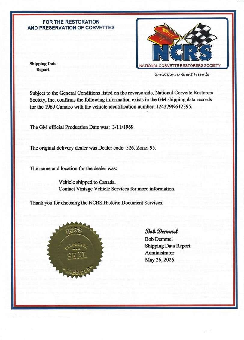 NCRS Shipping Data Report for the 1969 Camaro Z/28