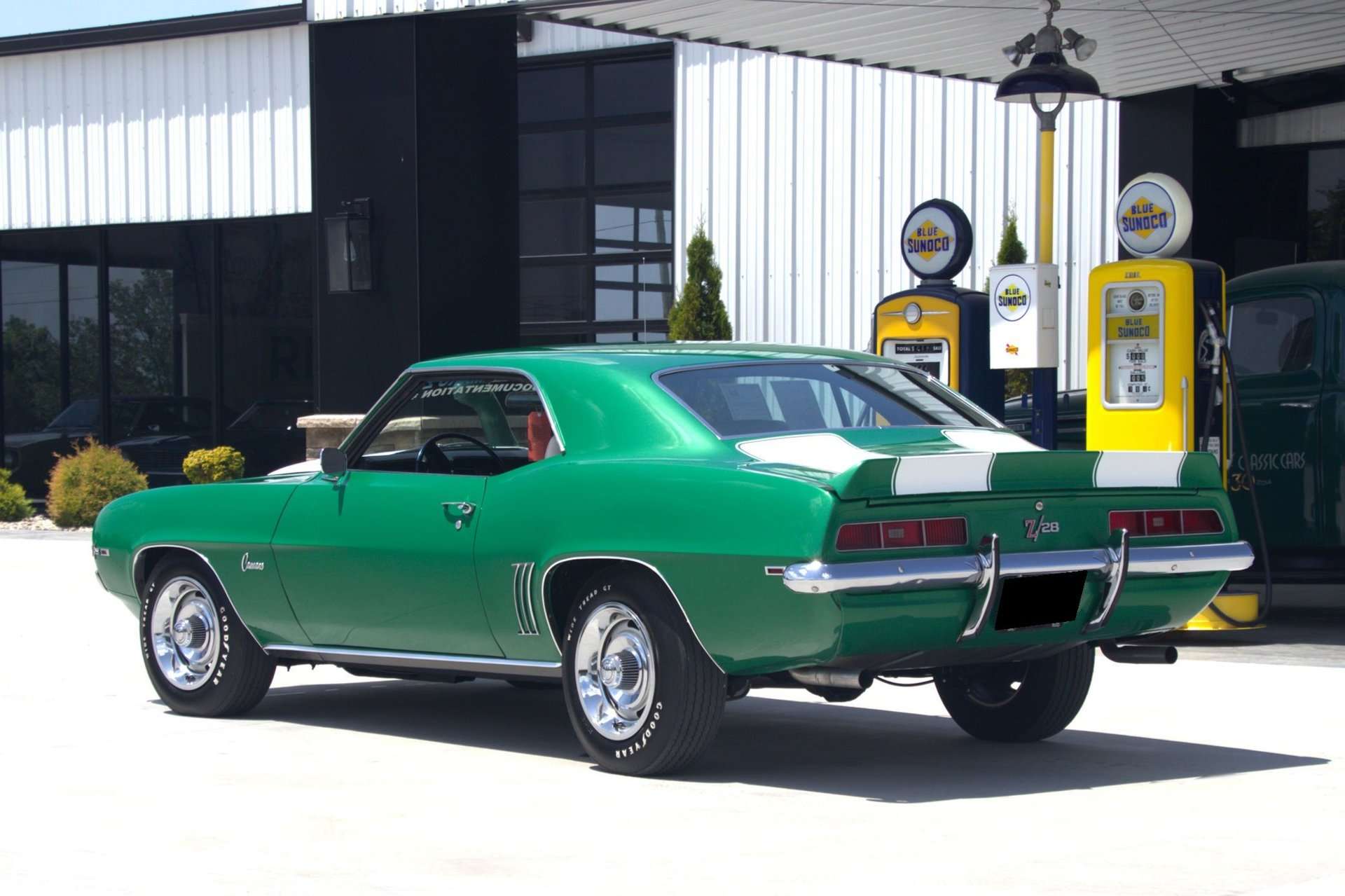 Rear three-quarter view of the 1969 Camaro Z/28 with spoiler and bumper guards