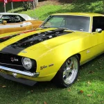 A yellow 1969 Camaro Z/28 with aftermarket wheels, a reversible change that barely affects its originality