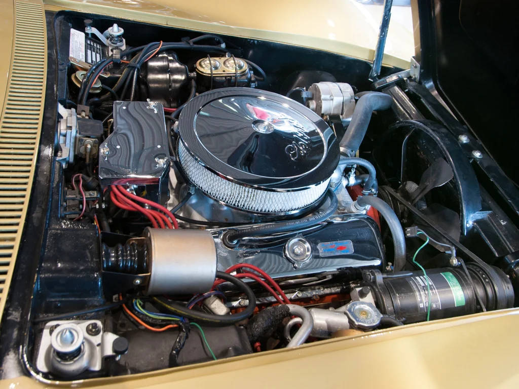 Chrome-topped 427 big-block V8 in the engine bay of a 1969 Chevrolet Corvette