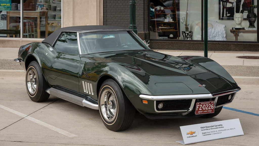 Dark green 1969 Chevrolet Corvette Stingray convertible on display with a placard in front