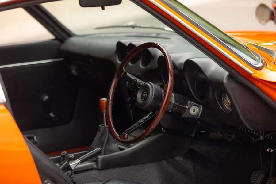 Black interior of the right-hand-drive 1969 Datsun Fairlady Z432