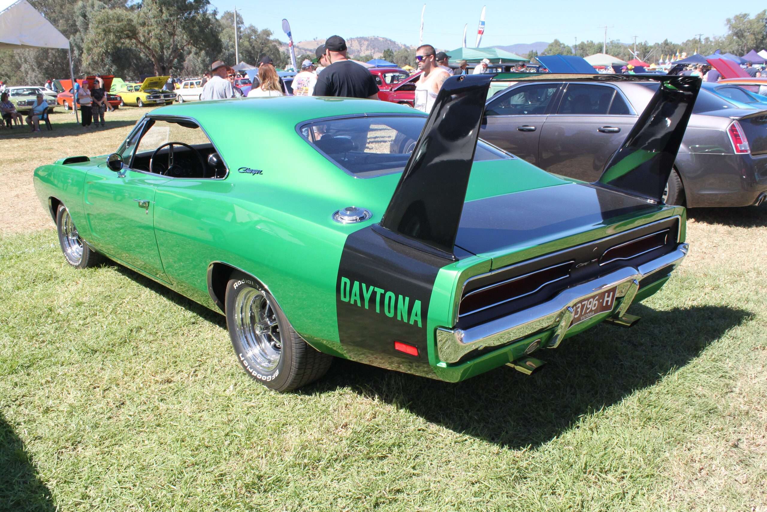 Rear three-quarter view of a 1969 Dodge Charger Daytona with its tall rear wing