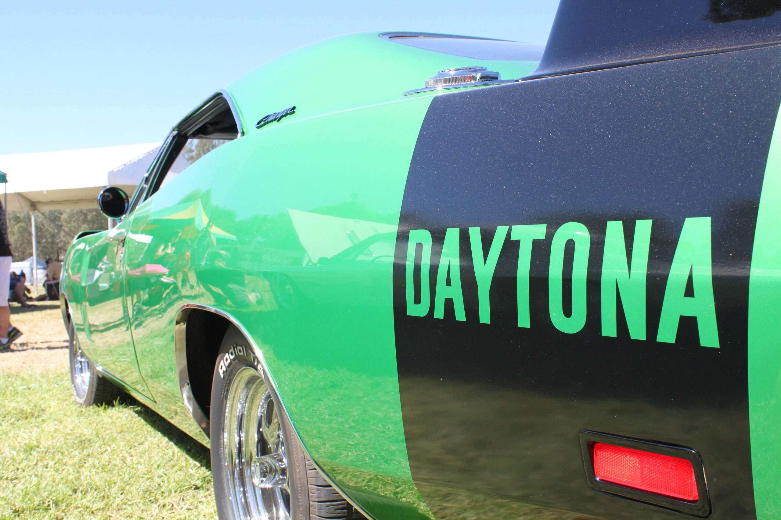 Daytona side stripe on a green 1969 Dodge Charger Daytona