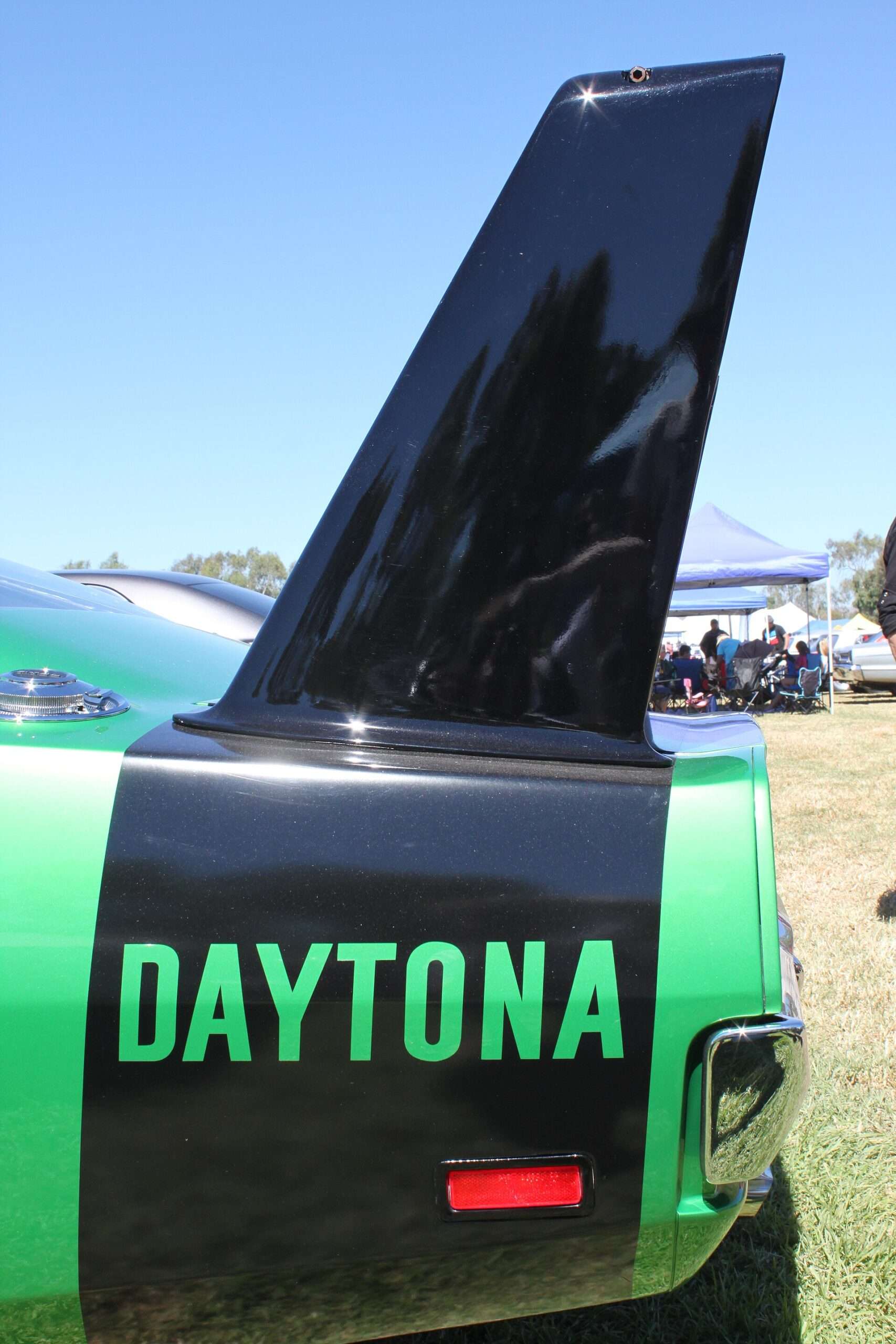 Close view of the vertical stabilizer wing on a 1969 Dodge Charger Daytona