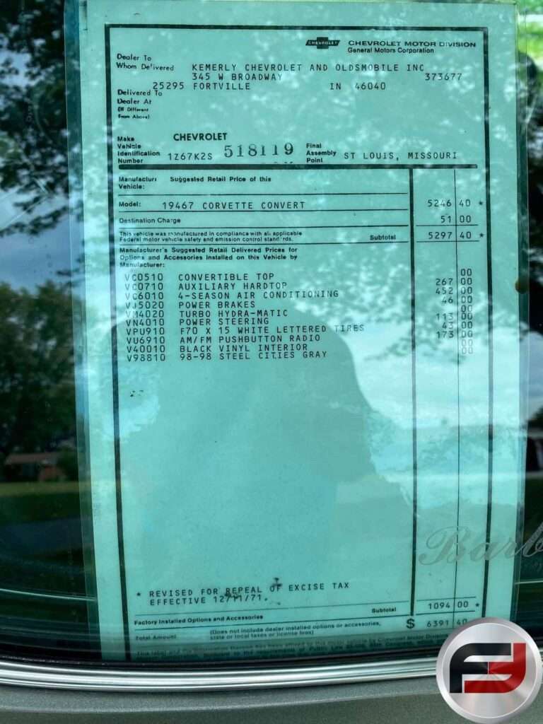 Original window sticker for the 1972 Chevrolet Corvette convertible from Kemerly Chevrolet in Fortville, Indiana