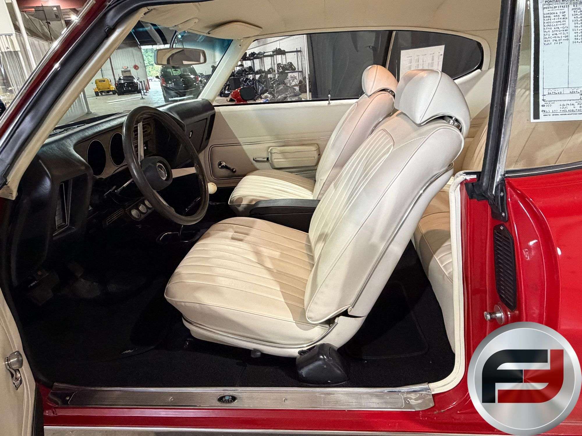 White bucket seats and interior of the 1972 Pontiac GTO