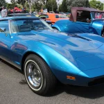 Metallic blue 1974 Chevrolet Corvette C3 coupe with chrome wheels parked at a car show