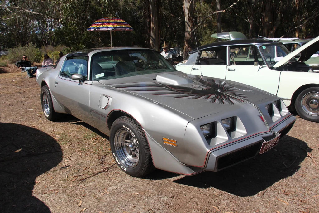 Silver 1979 Pontiac Firebird Trans Am 10th Anniversary Edition with gold hood bird graphic and T-tops