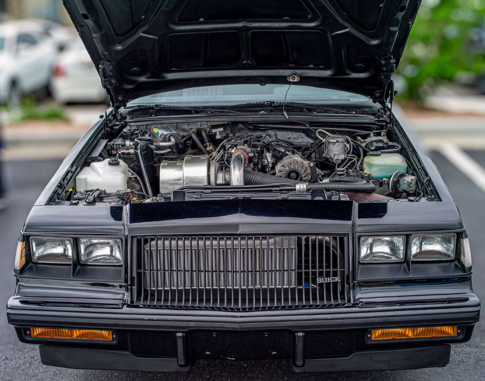 Engine bay of a 1987 Buick Regal Grand National with the Garrett turbocharger visible on the 3.8-liter V6