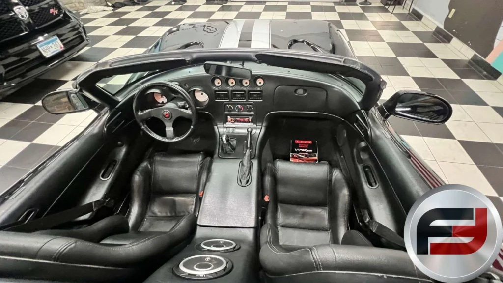Black leather interior of 1996 Dodge Viper RT/10 roadster