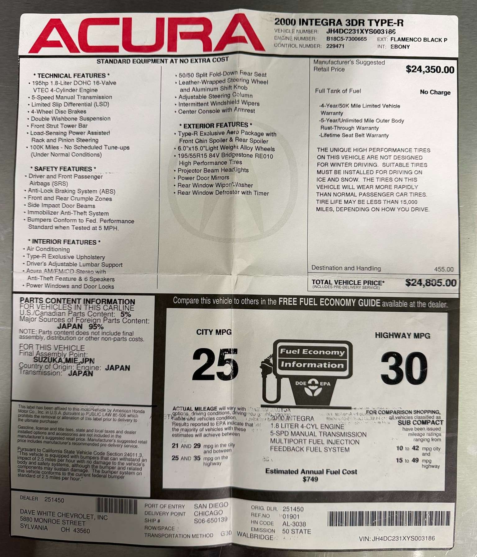 Original window sticker for a 2000 Acura Integra 3DR Type-R listing VIN, B18C5 engine number, Flamenco Black exterior and Ebony interior
