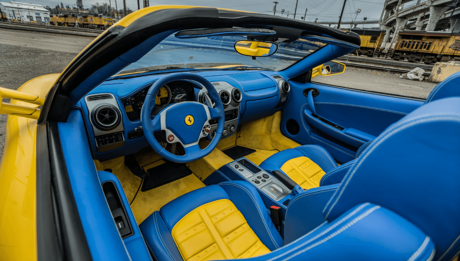 Yellow and blue leather interior of the 2006 Ferrari F430 Spider
