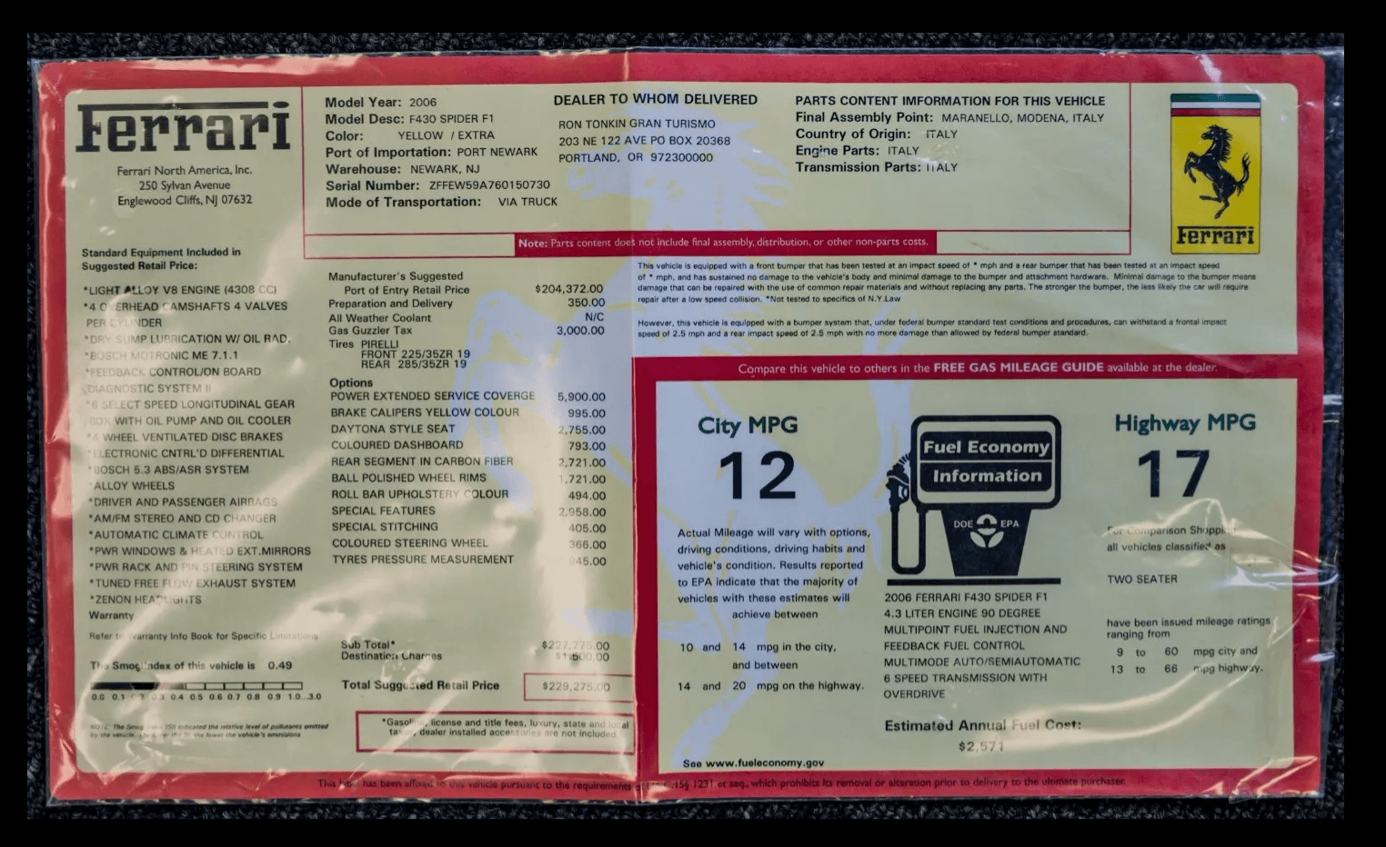 Original window sticker for the 2006 Ferrari F430 Spider