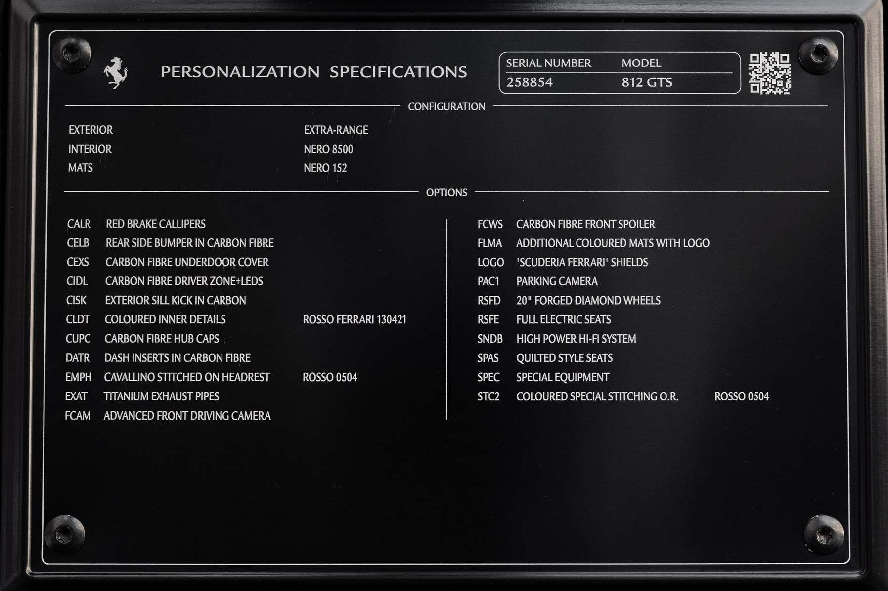 Personalization Specifications plaque from the 2021 Ferrari 812 GTS