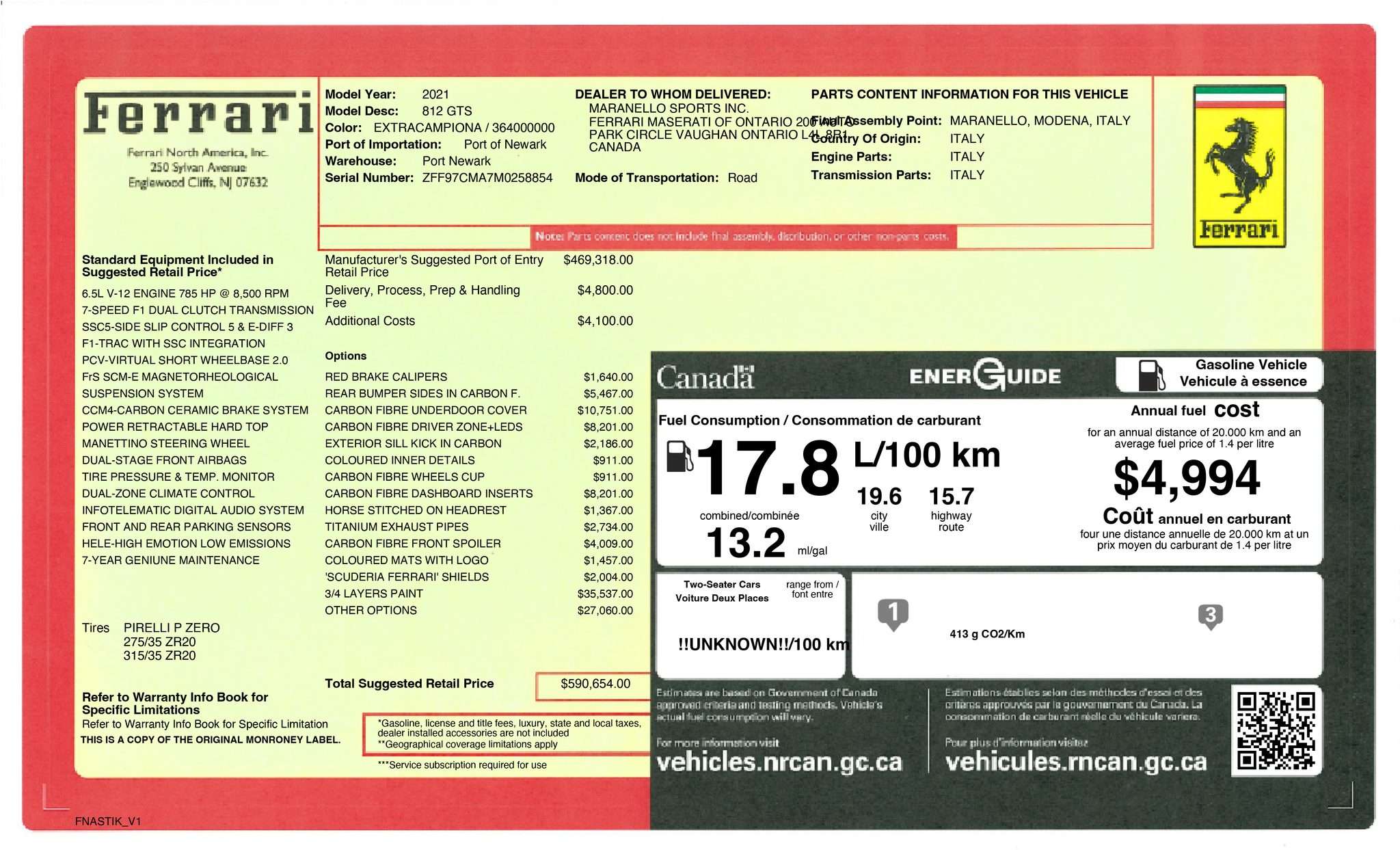 Canadian window sticker for the 2021 Ferrari 812 GTS