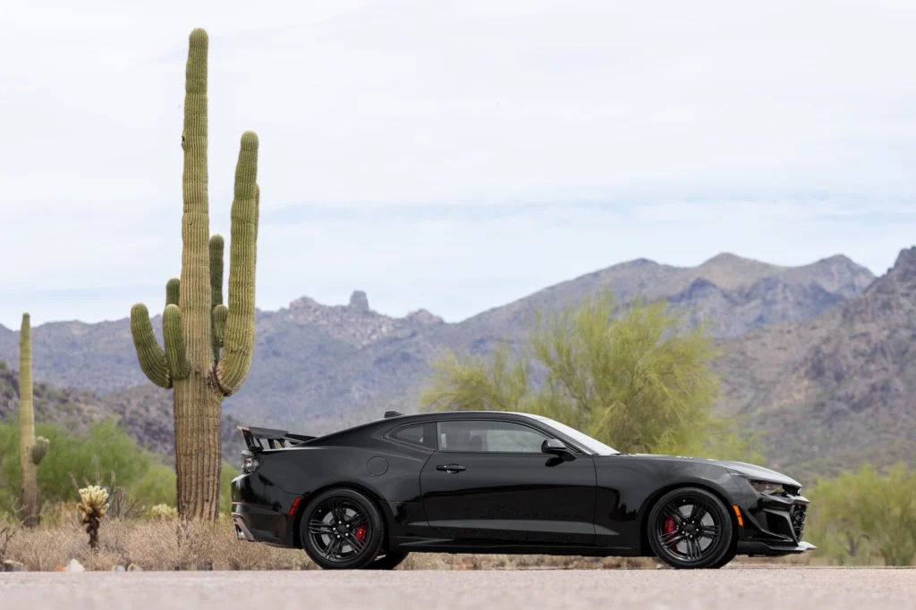 Side profile of a black 2023 Camaro ZL1 1LE beside a saguaro cactus