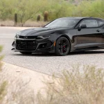 Black 2023 Chevrolet Camaro ZL1 1LE front three-quarter view in the Arizona desert