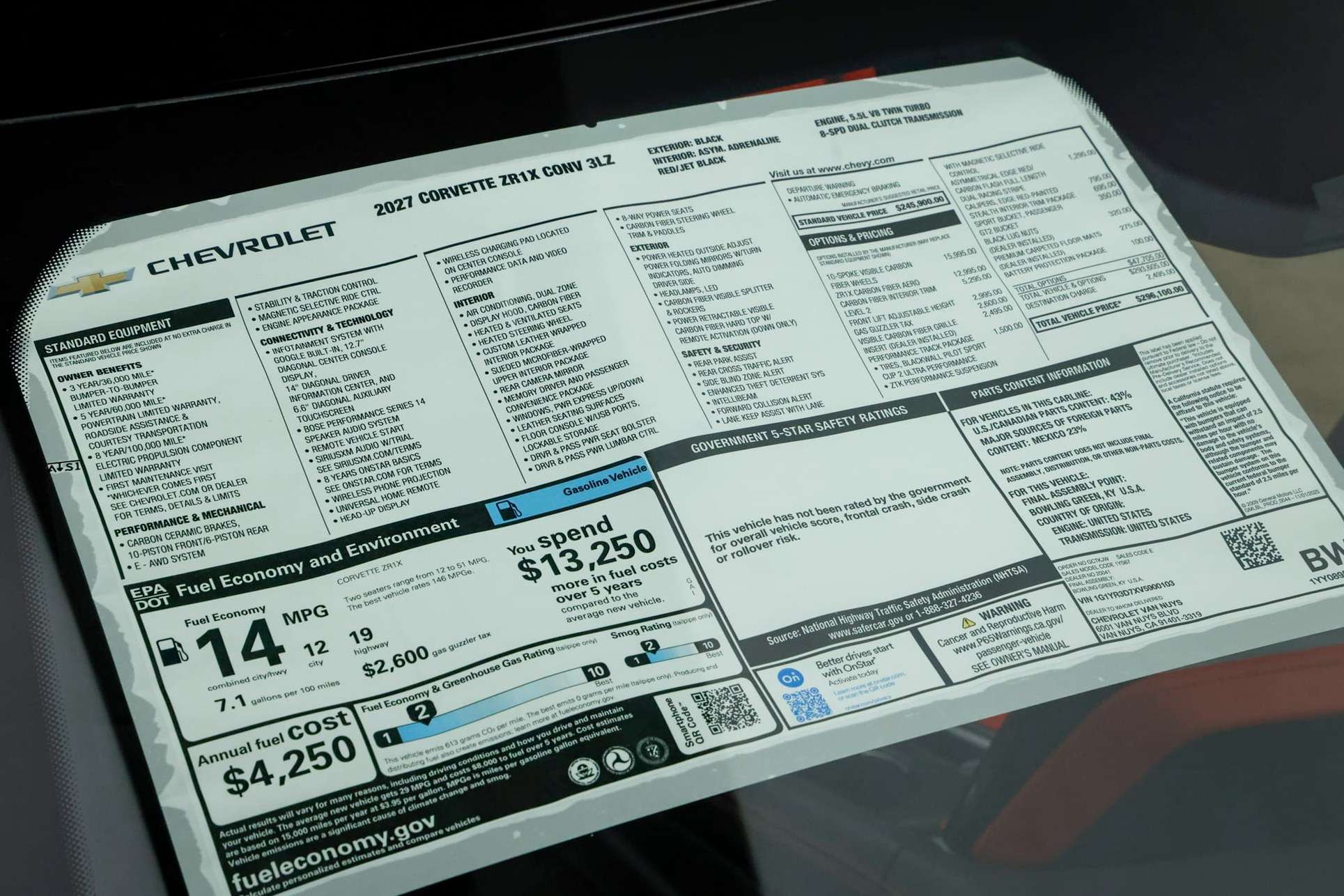 Window sticker for a 2027 Chevrolet Corvette ZR1X showing a total vehicle price of $296,100