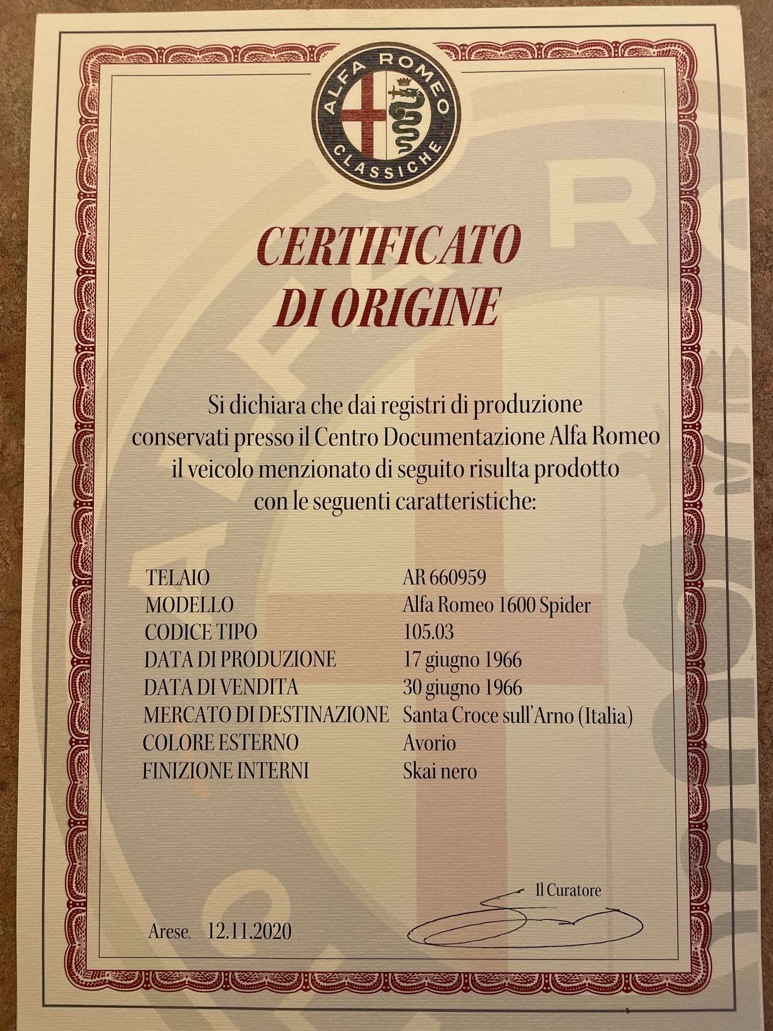Alfa Romeo Classiche Certificato di Origine for chassis AR 660959 listing a production date of 17 June 1966 and Avorio exterior