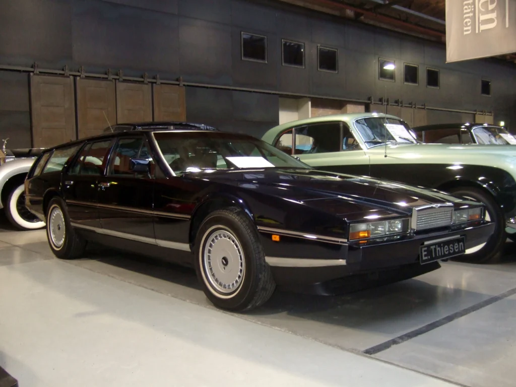 Aston Martin Lagonda shooting brake conversion with extended roofline, parked indoors
